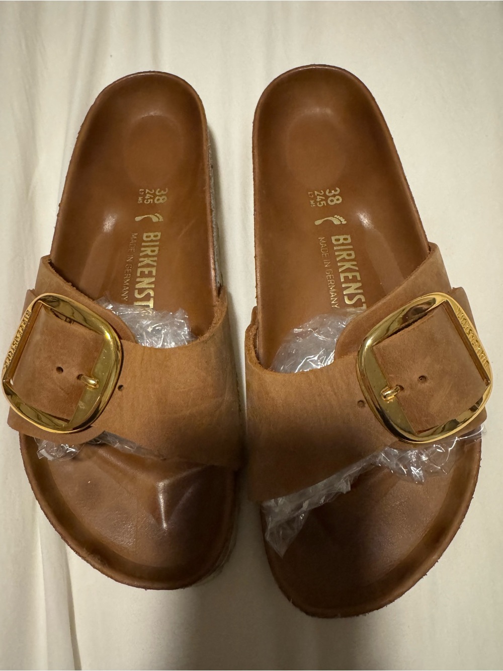 Birkenstock Madrid Single Buckle Slide Sandals in Brown with Gold Buckle